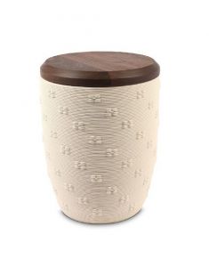 Urna funerária 'Flores' creme com tampa de nogueira