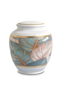 Mini urna funerária de porcelana 'Classica' | Folhas coloridas com bordas douradas