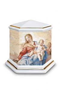 Mini urna para cinzas de porcelana 'Esagono' | Nossa Senhora com Criança - bordas douradas