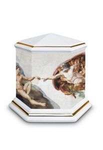 Mini urna para cinzas de porcelana 'Esagono' | O Juízo Final com bordas douradas