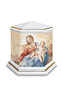Urna funerária de porcelana 'Esagono' | Nossa Senhora com Criança - bordas douradas