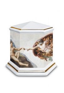 Urna funerária de porcelana 'Esagono' | O Juízo Final com bordas douradas
