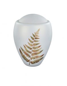 Urna cinzas de vidro de cristal branco fosco com samambaia ouro