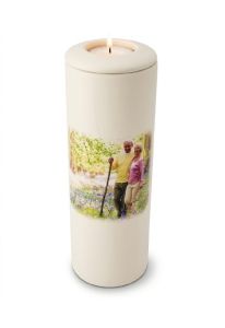 Urna funerária cilíndrica com imagem, personalizável