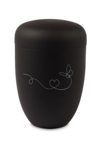 Urna funerária metálica preta – Linha de coração com borboleta