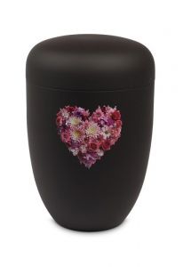 Urna funerária metálica preta – Coração de flores