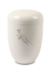 Urna funerária metálica branca – Linha de mão com borboleta
