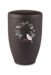 Urna para cinzas em metal com flores, borboletas e pássaros