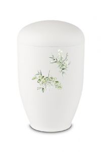 Urna cinzas em metal branco com flores secas
