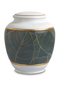 Urna funerária de porcelana 'Classica' | Folhas verdes com bordas douradas