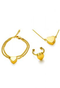 Conjunto de joias memoriais em aço inoxidável dourado com coração – pulseira, anel e colar
