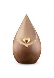 Urna funerária em forma de gota com pequeno coração dourado de madeira de tília duplamente tingida