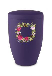 Urna para cinzas em metal roxo com flores e borboletas