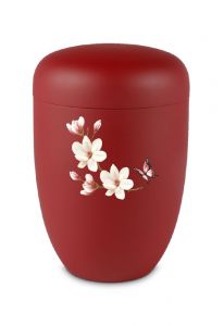 Urna para cinzas em metal vermelho com flor e borboleta