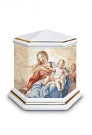 Mini urna para cinzas de porcelana 'Esagono' | Nossa Senhora com Criança - bordas douradas